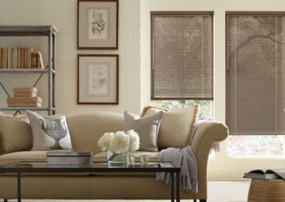 brown aluminum blinds on living room windows with tan accents